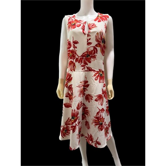 Lane Bryant Women’s 18 Ivory & Red Floral Sleeveless Fit & Flare Dress NEW - Picture 1 of 7